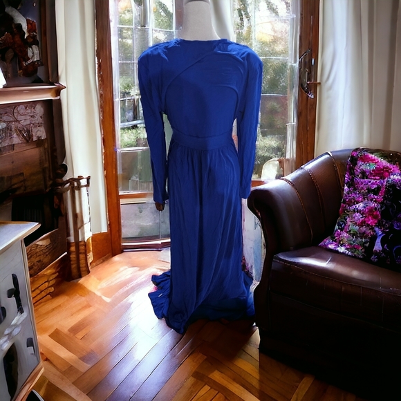 SheinSXY EUC+ Royal Blue Slit Sexy Maxi Deep V Low Cut Long Sleeve Dress Sz XL - Picture 4 of 4